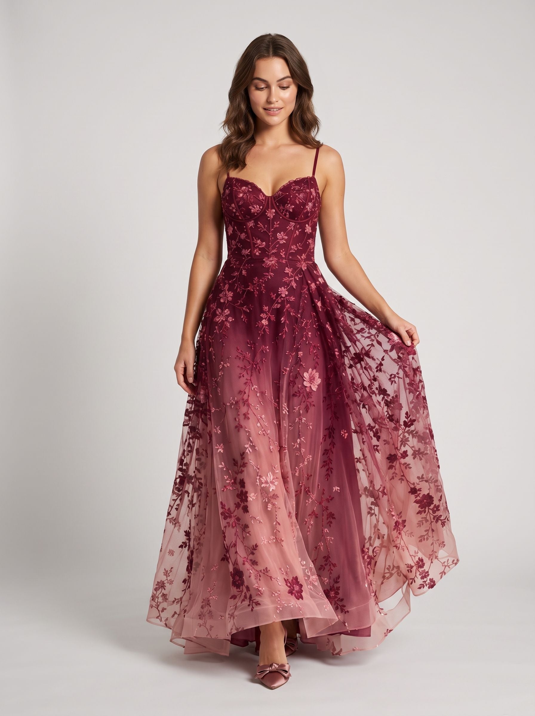 Burgundy Ombre Embroidered Tulle A-Line Sweetheart Floor-Length Dress Front View - Aabei Dress