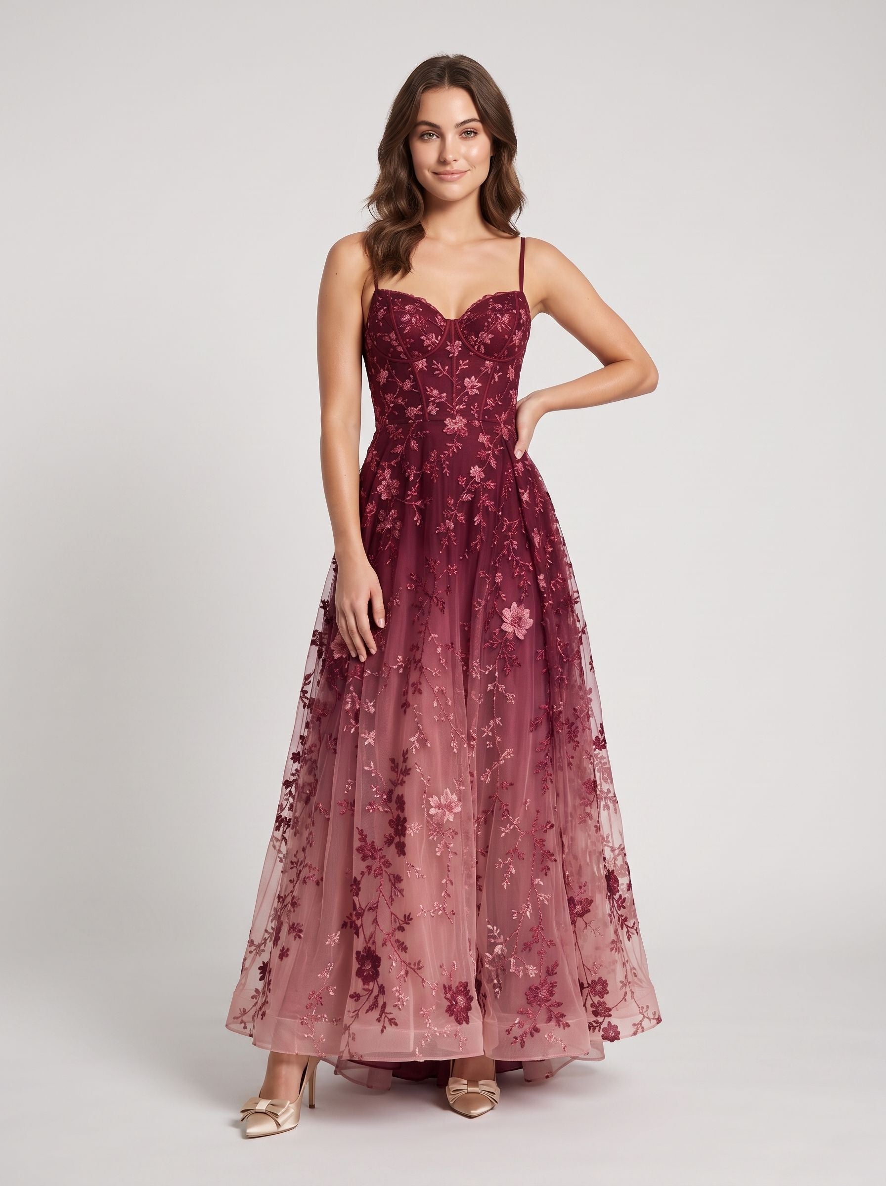 Burgundy Ombre Embroidered Tulle A-Line Sweetheart Floor-Length Dress - Aabei Dress