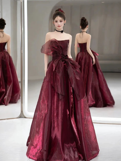 Burgundy Organza A-Line Straight Neck Lace-up Floor-Length Dress - Aabei Dress
