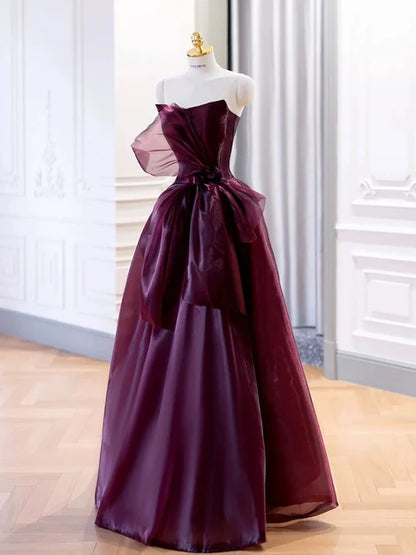 Burgundy Organza A-Line Straight Neck Lace-up Floor-Length Dress - Aabei Dress