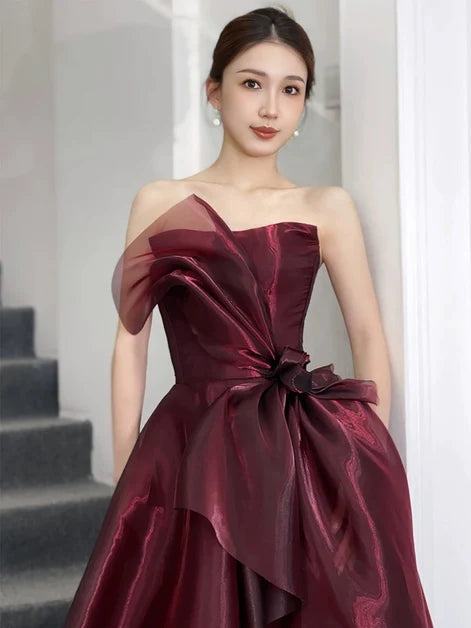 Burgundy Organza A-Line Straight Neck Lace-up Floor-Length Dress - Aabei Dress