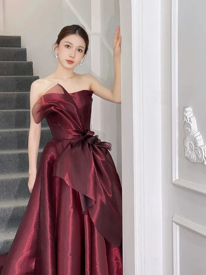 Burgundy Organza A-Line Straight Neck Lace-up Floor-Length Dress - Aabei Dress