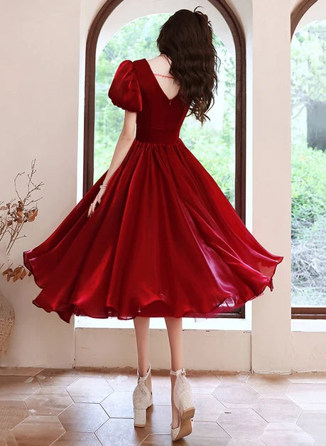 Burgundy Organza A-Line V-Neck V-Back Tea-Length Dress Back View - Aabei Dress
