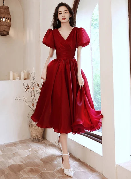 Burgundy Organza A-Line V-Neck V-Back Tea-Length Dress Front View - Aabei Dress