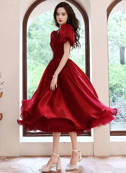 Burgundy Organza A-Line V-Neck V-Back Tea-Length Dress - Aabei Dress