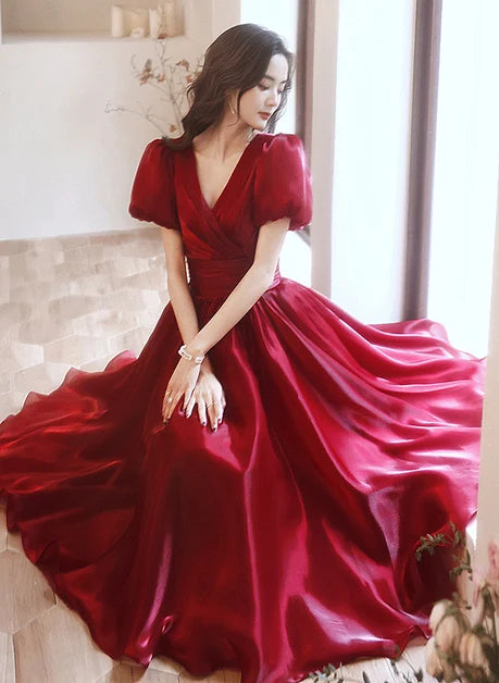 Burgundy Organza A-Line V-Neck V-Back Tea-Length Dress - Aabei Dress
