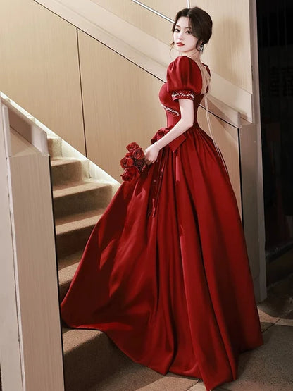 Burgundy Satin a-line illusion-neck tie-back floor-length Dress Back View - Aabei Dress