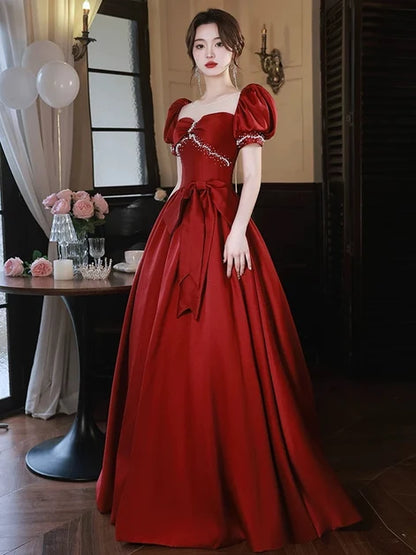 Burgundy Satin a-line illusion-neck tie-back floor-length Dress Front View - Aabei Dress