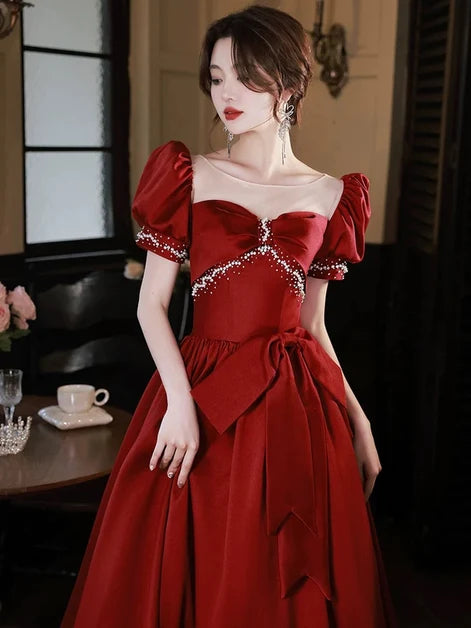 Burgundy Satin a-line illusion-neck tie-back floor-length Dress - Aabei Dress