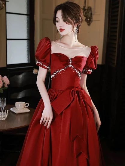 Burgundy Satin a-line illusion-neck tie-back floor-length Dress - Aabei Dress