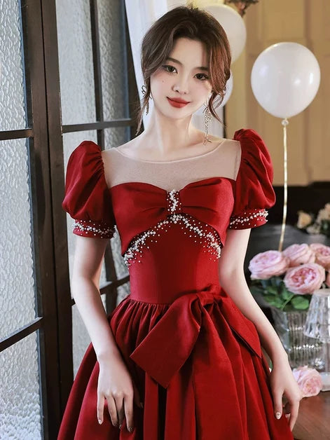Burgundy Satin a-line illusion-neck tie-back floor-length Dress - Aabei Dress