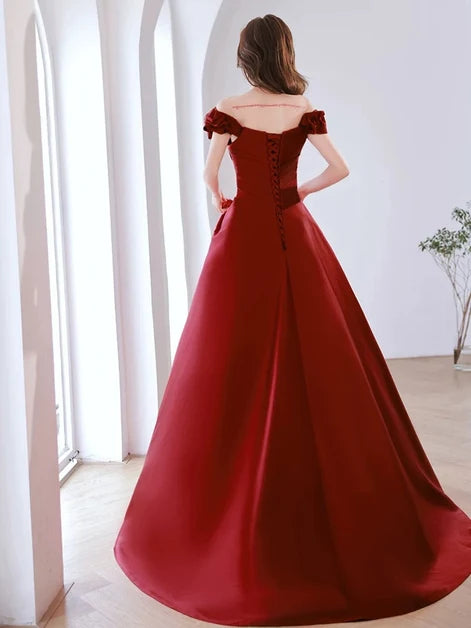 Burgundy Satin A-Line Off the Shoulder Lace-Up Back Floor-Length Dress Back View - Aabei Dress