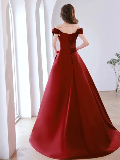 Burgundy Satin A-Line Off the Shoulder Lace-Up Back Floor-Length Dress Back View - Aabei Dress