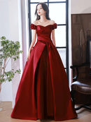 Burgundy Satin A-Line Off the Shoulder Lace-Up Back Floor-Length Dress Front View - Aabei Dress
