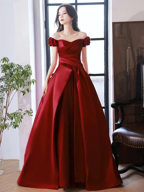 Burgundy Satin A-Line Off the Shoulder Lace-Up Back Floor-Length Dress Front View - Aabei Dress