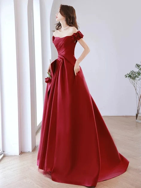 Burgundy Satin A-Line Off the Shoulder Lace-Up Back Floor-Length Dress - Aabei Dress