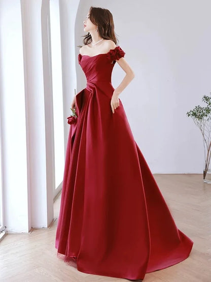 Burgundy Satin A-Line Off the Shoulder Lace-Up Back Floor-Length Dress - Aabei Dress
