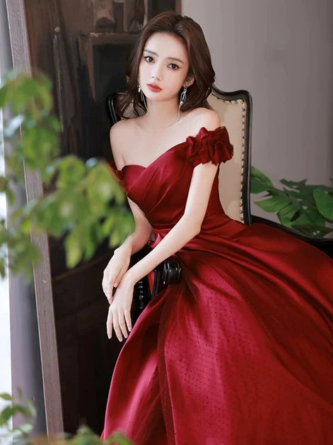 Burgundy Satin A-Line Off the Shoulder Lace-Up Back Floor-Length Dress - Aabei Dress