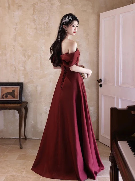 Burgundy Satin A-Line Off-the-Shoulder Lace-up Floor-Length Dress Back View - Aabei Dress