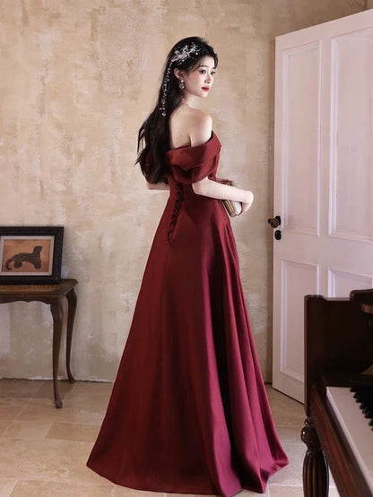Burgundy Satin A-Line Off-the-Shoulder Lace-up Floor-Length Dress Back View - Aabei Dress