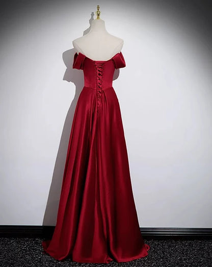 Burgundy Satin A-Line Off-the-Shoulder Lace-up Floor-Length Dress Back View - Aabei Dress