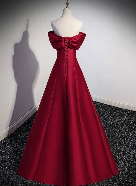 Burgundy Satin A-Line Off-the-Shoulder Lace-up Floor-Length Dress Back View - Aabei Dress