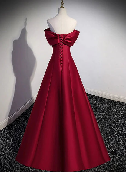 Burgundy Satin A-Line Off-the-Shoulder Lace-up Floor-Length Dress Back View - Aabei Dress
