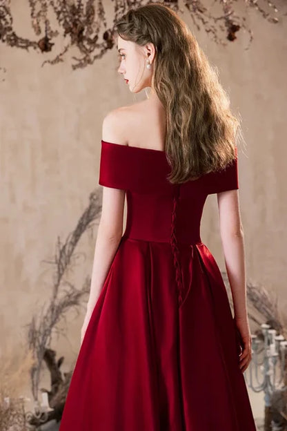 Burgundy Satin A-Line Off-the-Shoulder Lace-Up Floor-Length Dress Back View - Aabei Dress
