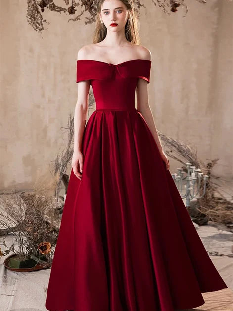 Burgundy Satin A-Line Off-the-Shoulder Lace-Up Floor-Length Dress Front View - Aabei Dress