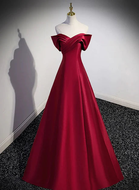 Burgundy Satin A-Line Off-the-Shoulder Lace-up Floor-Length Dress Front View - Aabei Dress