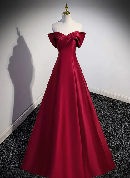 Burgundy Satin A-Line Off-the-Shoulder Lace-up Floor-Length Dress Front View - Aabei Dress