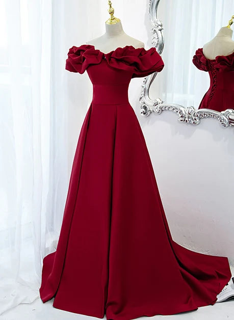 Burgundy Satin A-Line Off-the-Shoulder Lace-up Floor-Length Dress Front View - Aabei Dress