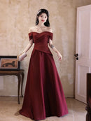Burgundy Satin A-Line Off-the-Shoulder Lace-up Floor-Length Dress Front View - Aabei Dress