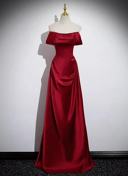 Burgundy Satin A-Line Off-the-Shoulder Lace-up Floor-Length Dress Front View - Aabei Dress