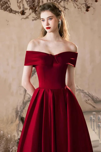 Burgundy Satin A-Line Off-the-Shoulder Lace-Up Floor-Length Dress - Aabei Dress