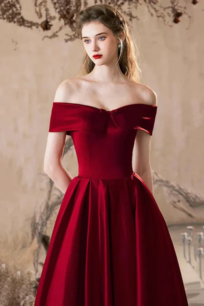 Burgundy Satin A-Line Off-the-Shoulder Lace-Up Floor-Length Dress - Aabei Dress