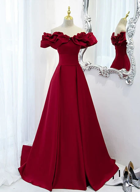 Burgundy Satin A-Line Off-the-Shoulder Lace-up Floor-Length Dress - Aabei Dress