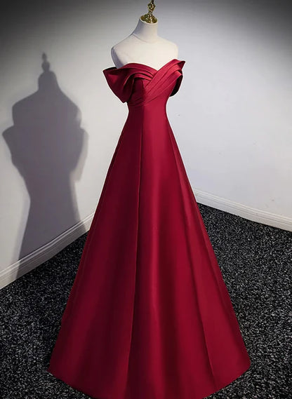 Burgundy Satin A-Line Off-the-Shoulder Lace-up Floor-Length Dress - Aabei Dress