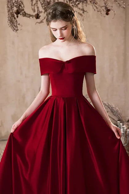 Burgundy Satin A-Line Off-the-Shoulder Lace-Up Floor-Length Dress - Aabei Dress