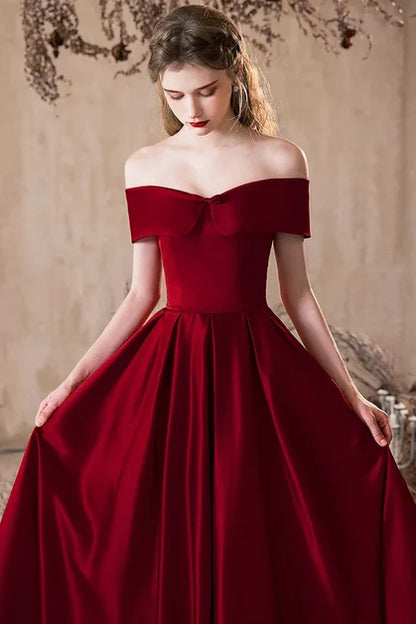 Burgundy Satin A-Line Off-the-Shoulder Lace-Up Floor-Length Dress - Aabei Dress