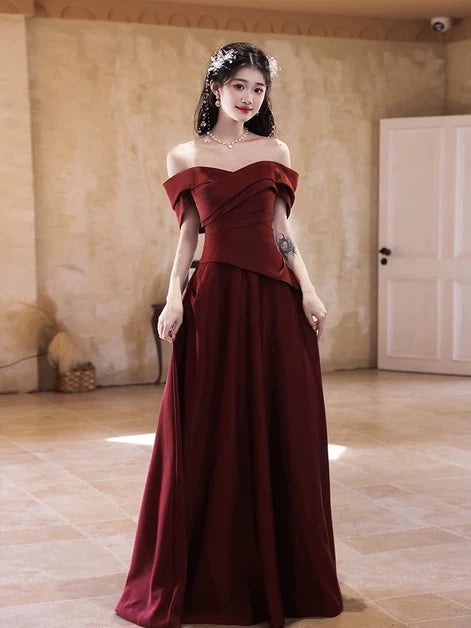 Burgundy Satin A-Line Off-the-Shoulder Lace-up Floor-Length Dress - Aabei Dress
