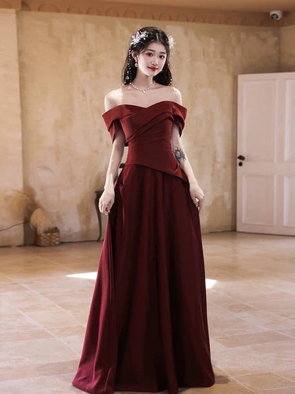 Burgundy Satin A-Line Off-the-Shoulder Lace-up Floor-Length Dress - Aabei Dress