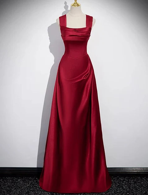 Burgundy Satin A-Line Off-the-Shoulder Lace-up Floor-Length Dress - Aabei Dress