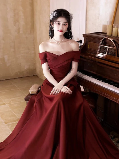 Burgundy Satin A-Line Off-the-Shoulder Lace-up Floor-Length Dress - Aabei Dress