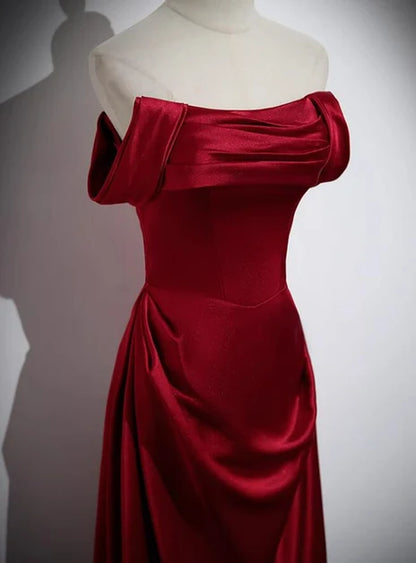 Burgundy Satin A-Line Off-the-Shoulder Lace-up Floor-Length Dress - Aabei Dress