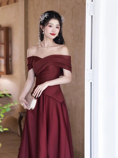 Burgundy Satin A-Line Off-the-Shoulder Lace-up Floor-Length Dress - Aabei Dress
