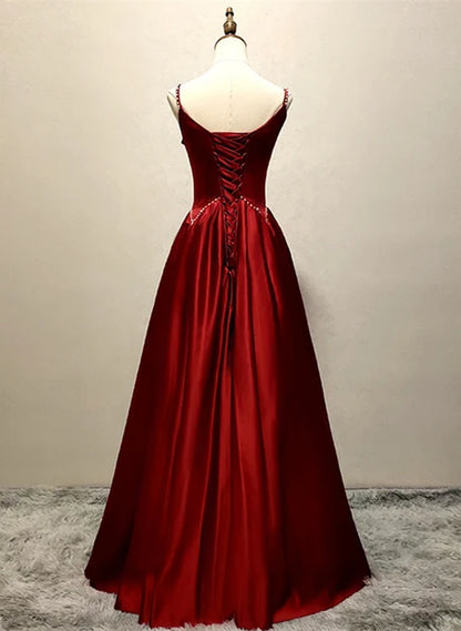 Burgundy Satin A-Line Scoop Neck Lace-Up Back Floor-Length Dress Back View - Aabei Dress