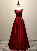Burgundy Satin A-Line Scoop Neck Lace-Up Back Floor-Length Dress Front View - Aabei Dress