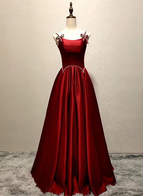 Burgundy Satin A-Line Scoop Neck Lace-Up Back Floor-Length Dress Front View - Aabei Dress
