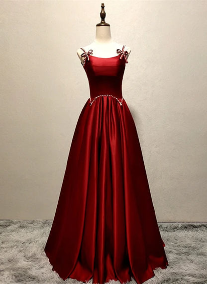 Burgundy Satin A-Line Scoop Neck Lace-Up Back Floor-Length Dress Front View - Aabei Dress
